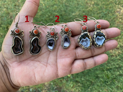 Raw Geode Drop Earrings with Red Coral, Tibetan Silver, Tabasco Geode Jewelry, Blue Agate Earrings, Raw Stone Jewelry, Black Druzy Earrings