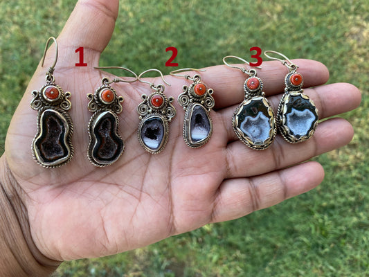 Raw Geode Drop Earrings with Red Coral, Tibetan Silver, Tabasco Geode Jewelry, Blue Agate Earrings, Raw Stone Jewelry, Black Druzy Earrings