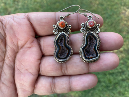 Raw Geode Drop Earrings with Red Coral, Tibetan Silver, Tabasco Geode Jewelry, Blue Agate Earrings, Raw Stone Jewelry, Black Druzy Earrings