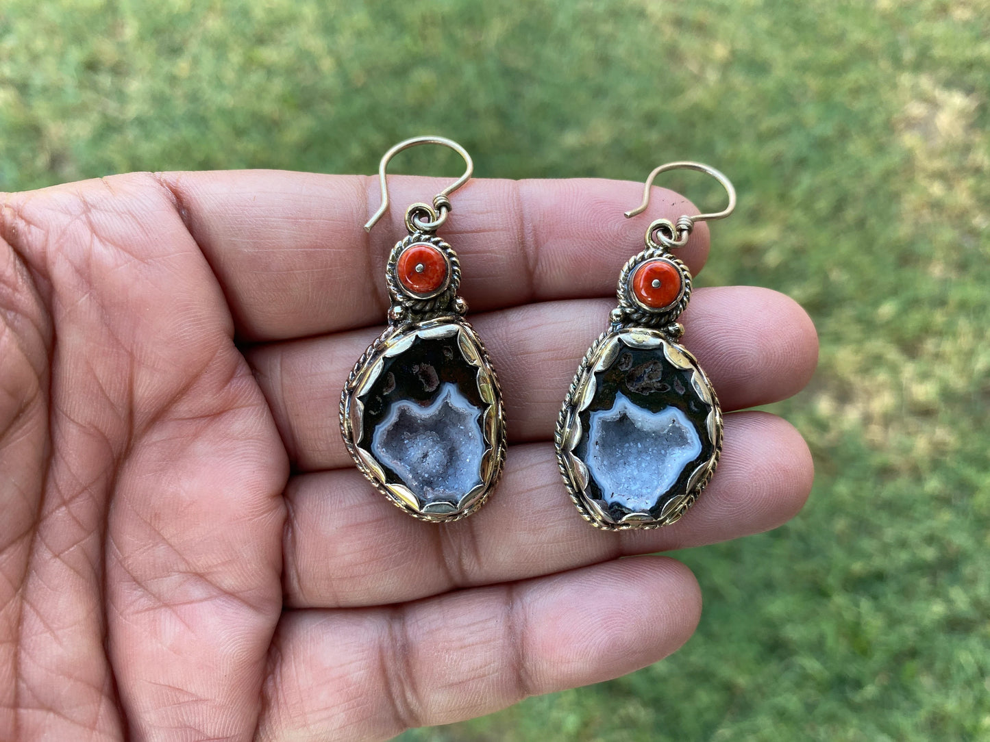 Raw Geode Drop Earrings with Red Coral, Tibetan Silver, Tabasco Geode Jewelry, Blue Agate Earrings, Raw Stone Jewelry, Black Druzy Earrings