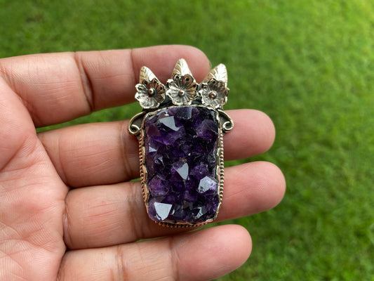 Raw Healing Crystal Natural Amethyst Druzy Stone Tibetan Silver Pendant, Hill Tribe Women's Jewelry, Birthstone Pendant, Pendant Necklace