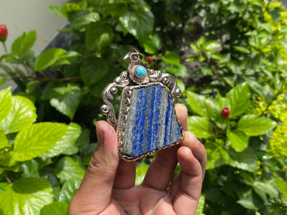 Raw Lapis Pendant with Tibetan Silver & Turquoise - Floral Design, Daily Wear Healing Jewelry, Natural Gemstone Pendant, Unisex Pendant.