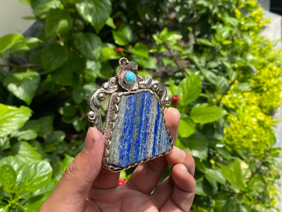 Raw Lapis Pendant with Tibetan Silver & Turquoise - Floral Design, Daily Wear Healing Jewelry, Natural Gemstone Pendant, Unisex Pendant.