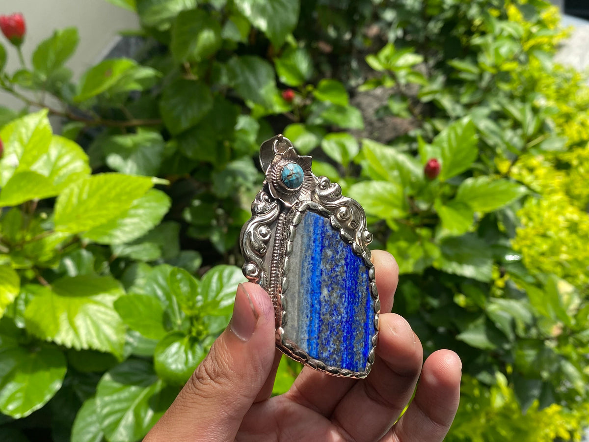 Raw Lapis Pendant with Tibetan Silver & Turquoise - Floral Design, Daily Wear Healing Jewelry, Natural Gemstone Pendant, Unisex Pendant.
