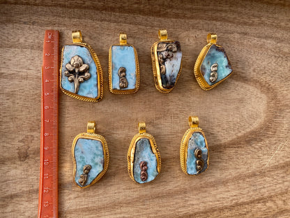 Raw Larimar Slab Pendant, Brushed Gold Pendant, Natural Sky Blue, Rough Larimar Jewelry, Ethnic Jewelry, Energy Stone, Birthstone