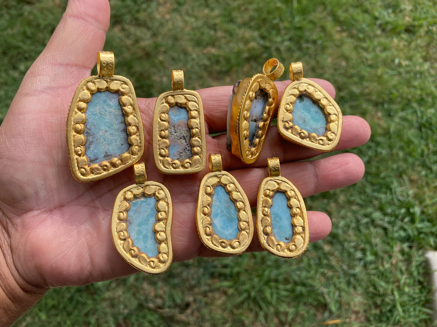 Raw Larimar Slab Pendant, Brushed Gold Pendant, Natural Sky Blue, Rough Larimar Jewelry, Ethnic Jewelry, Energy Stone, Birthstone