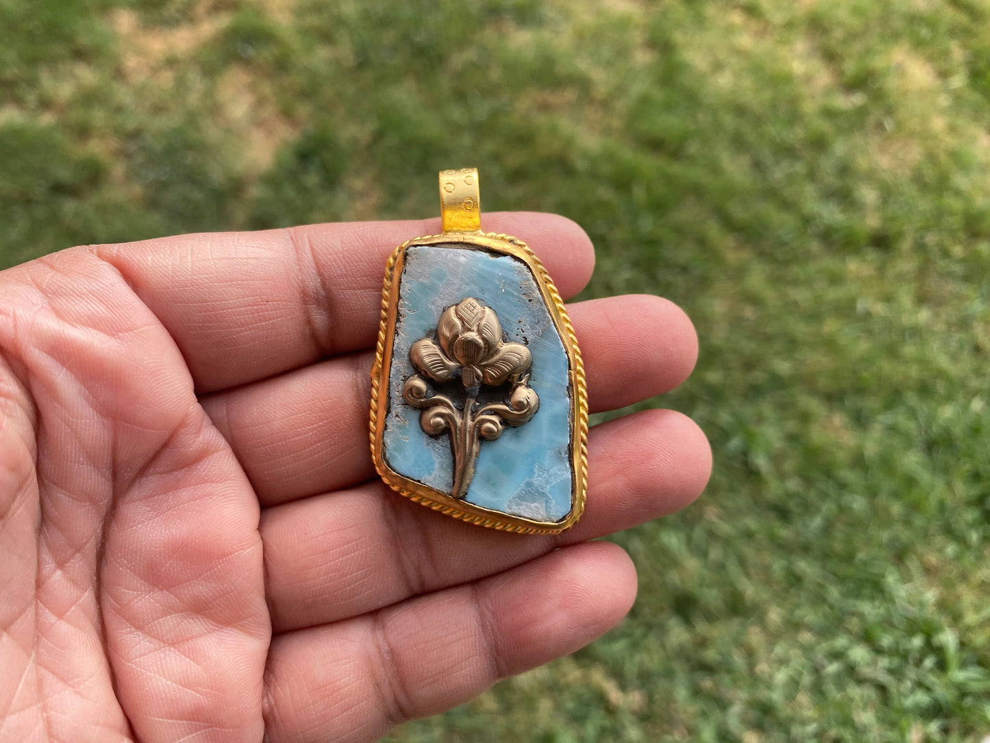 Raw Larimar Slab Pendant, Brushed Gold Pendant, Natural Sky Blue, Rough Larimar Jewelry, Ethnic Jewelry, Energy Stone, Birthstone