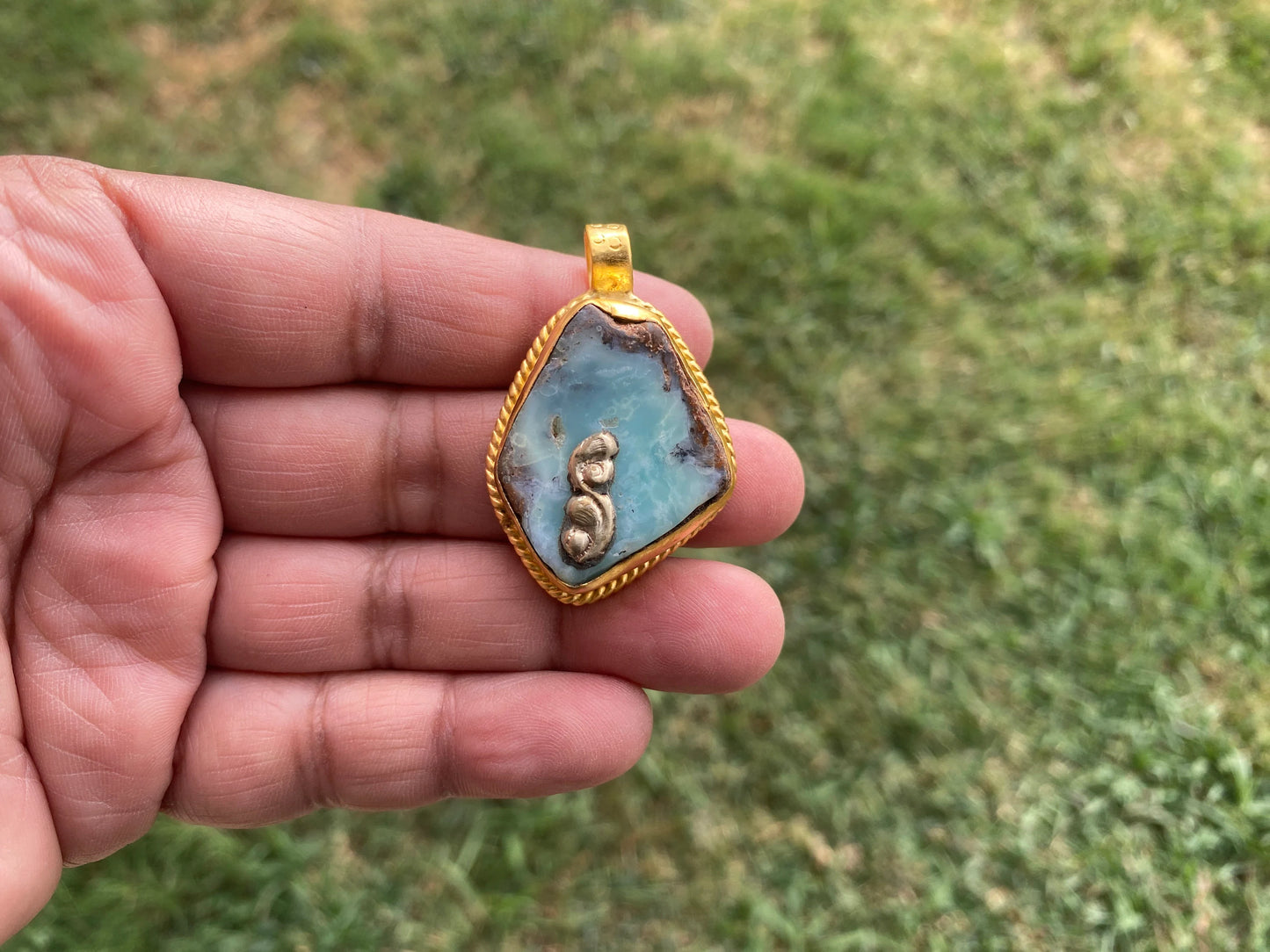 Raw Larimar Slab Pendant, Brushed Gold Pendant, Natural Sky Blue, Rough Larimar Jewelry, Ethnic Jewelry, Energy Stone, Birthstone