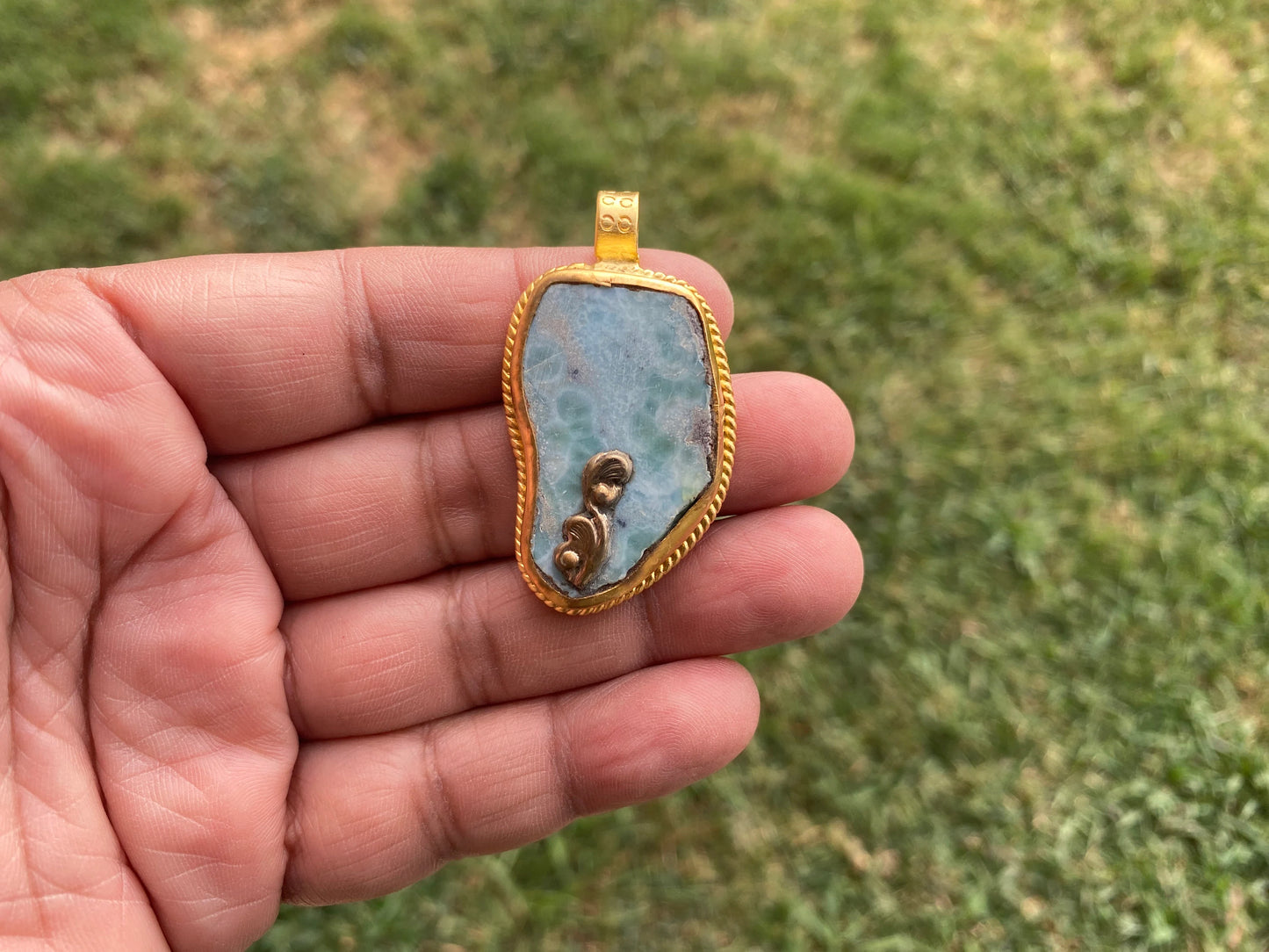 Raw Larimar Slab Pendant, Brushed Gold Pendant, Natural Sky Blue, Rough Larimar Jewelry, Ethnic Jewelry, Energy Stone, Birthstone