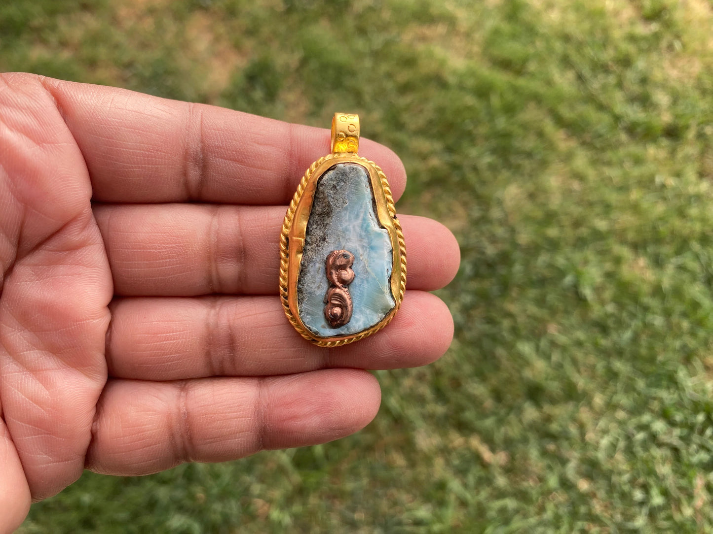 Raw Larimar Slab Pendant, Brushed Gold Pendant, Natural Sky Blue, Rough Larimar Jewelry, Ethnic Jewelry, Energy Stone, Birthstone