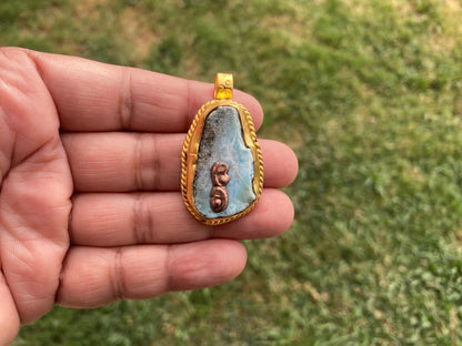 Raw Larimar Slab Pendant, Brushed Gold Pendant, Natural Sky Blue, Rough Larimar Jewelry, Ethnic Jewelry, Energy Stone, Birthstone