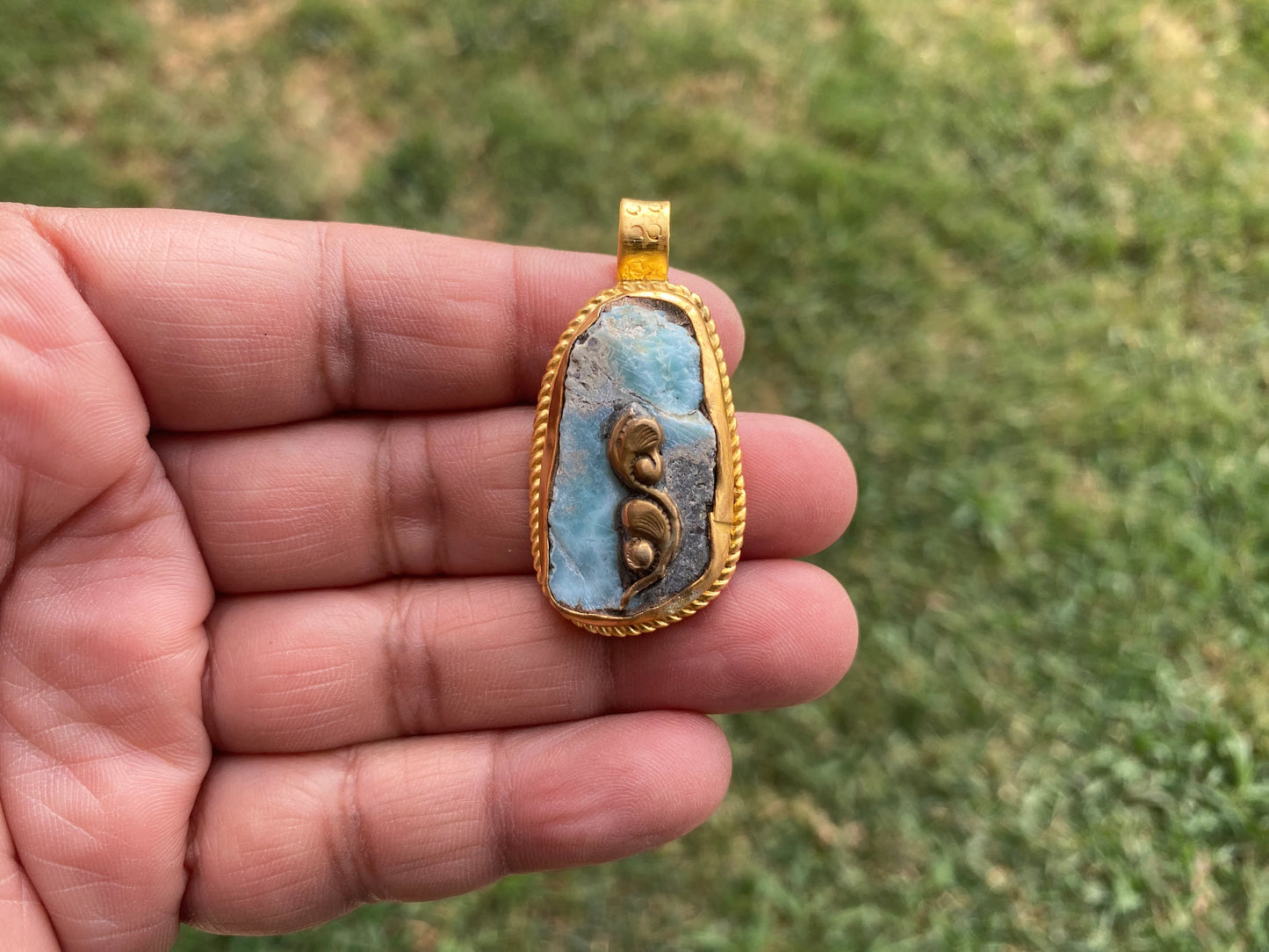 Raw Larimar Slab Pendant, Brushed Gold Pendant, Natural Sky Blue, Rough Larimar Jewelry, Ethnic Jewelry, Energy Stone, Birthstone