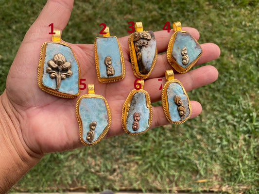 Raw Larimar Slab Pendant, Brushed Gold Pendant, Natural Sky Blue, Rough Larimar Jewelry, Ethnic Jewelry, Energy Stone, Birthstone