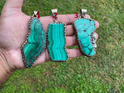 Raw Malachite Slab Natural Stone Tibetan Silver Pendant, Ethnic Jewelry, Energy Stone Pendant, Birthstone, Healing Crystal, Freeform Stone