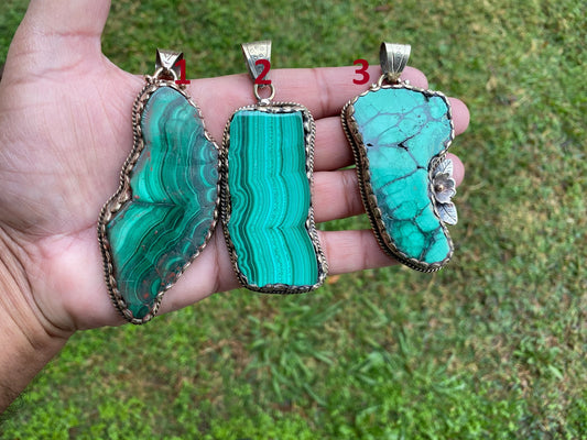 Raw Malachite Slab Natural Stone Tibetan Silver Pendant, Ethnic Jewelry, Energy Stone Pendant, Birthstone, Healing Crystal, Freeform Stone
