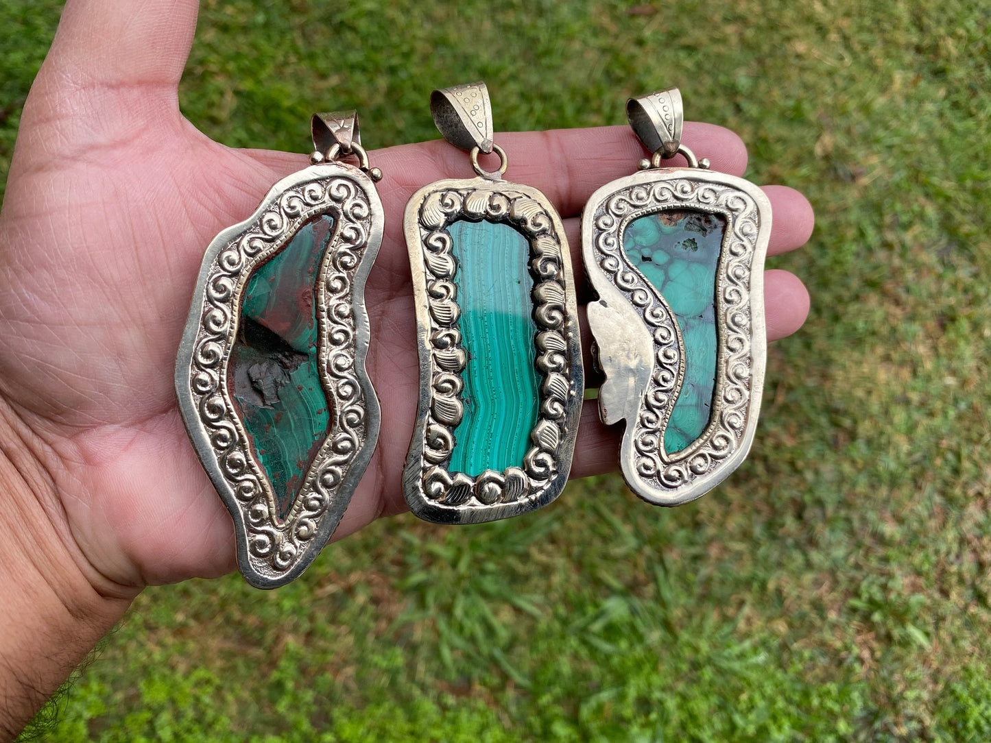 Raw Malachite Slab Natural Stone Tibetan Silver Pendant, Ethnic Jewelry, Energy Stone Pendant, Birthstone, Healing Crystal, Freeform Stone