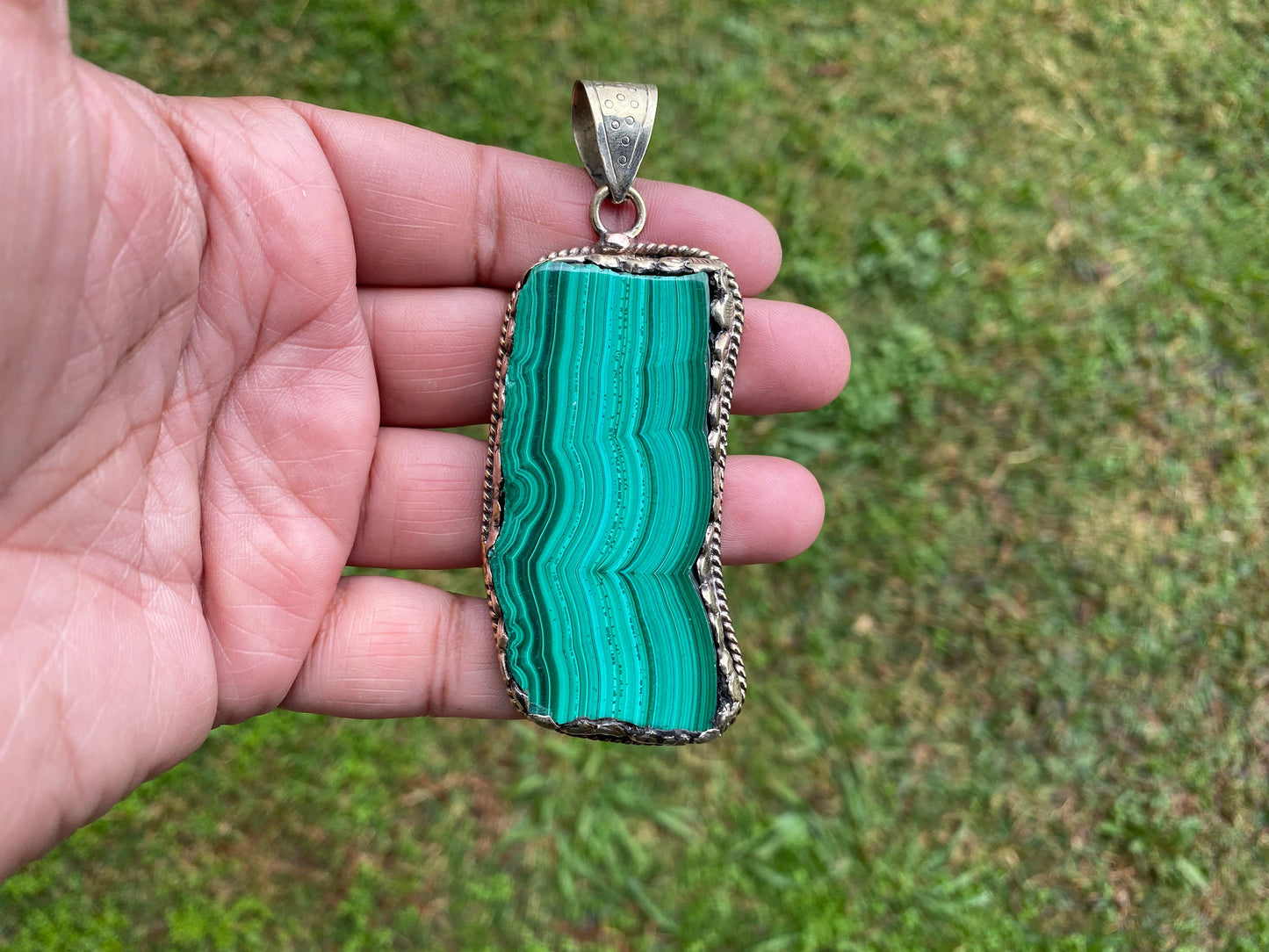 Raw Malachite Slab Natural Stone Tibetan Silver Pendant, Ethnic Jewelry, Energy Stone Pendant, Birthstone, Healing Crystal, Freeform Stone
