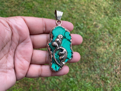 Raw Malachite Slab Natural Stone Tibetan Silver Pendant, Ethnic Jewelry, Energy Stone Pendant, Birthstone, Healing Crystal, Freeform Stone