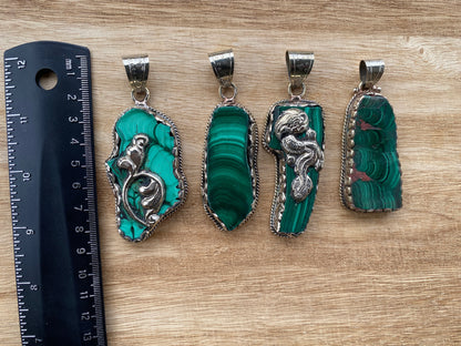Raw Malachite Slab Natural Stone Tibetan Silver Pendant, Ethnic Jewelry, Energy Stone Pendant, Birthstone, Healing Crystal, Freeform Stone