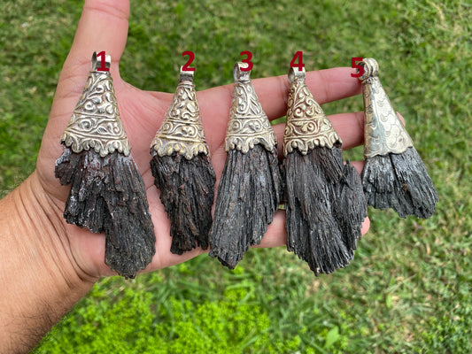 Raw Natural Black Kyanite Tibetan Silver Pendant, Gemstone Healing Pendant, Energy Cleansing Necklace, Boho Style Jewelry, Metaphysical Gift