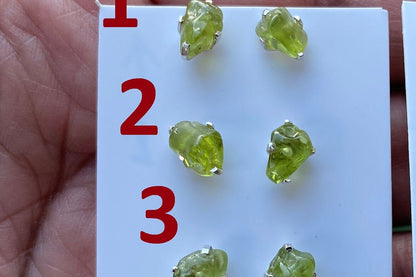 Raw Peridot Gemstone Ear Studs, Sterling Silver Earring
