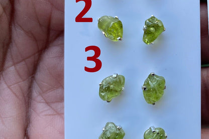 Raw Peridot Gemstone Ear Studs, Sterling Silver Earring