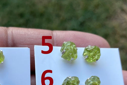 Raw Peridot Gemstone Ear Studs, Sterling Silver Earring