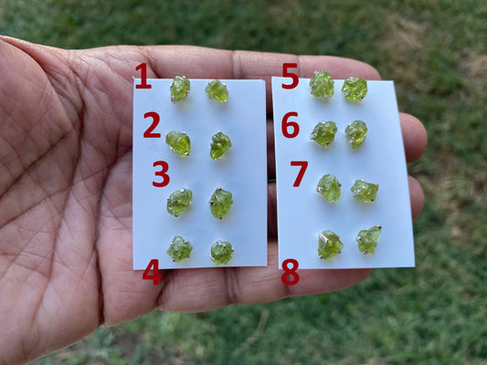 Raw Peridot Gemstone Ear Studs, Sterling Silver Earring
