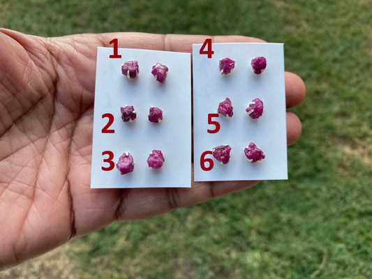 Raw Ruby Gemstone Studs Earring, Sterling Silver Earrings, July Birthstone, Rough Ruby Healing Crystal Earring, Raw Ruby Earrings For Women