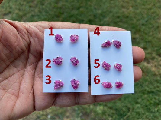 Raw Ruby Gemstone Studs Earring, Sterling Silver Earrings, July Birthstone, Rough Ruby Healing Crystal Earring, Raw Ruby Earrings For Women