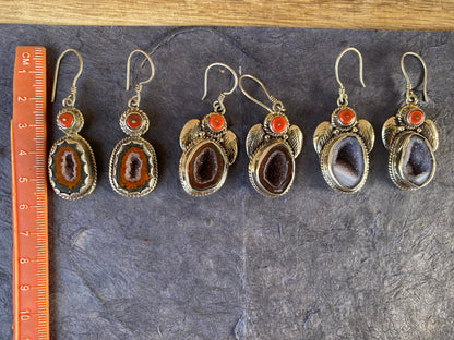 Raw Tabasco Geode with Red Coral Tibetan Silver Earring, Druzy Earring, Ear wire Earring, Natural Rough Geode Earring, Geode Earring