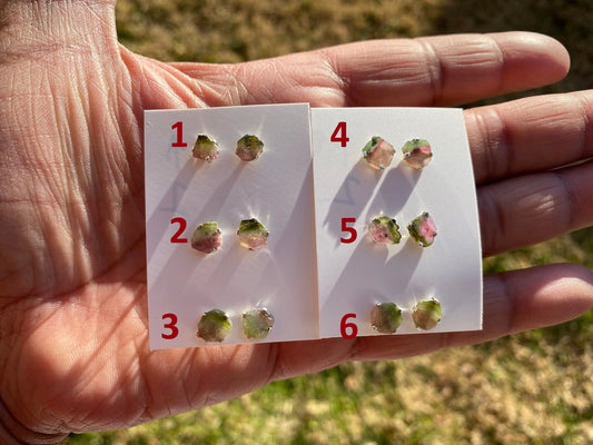 Raw Watermelon Tourmaline Stud Earring, Sterling Silver Studs, Rough Gemstone Earrings, Raw Tourmaline Stud Earrings, Natural Stone Jewelry