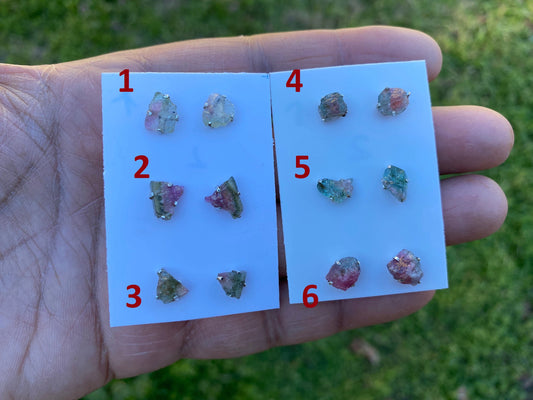 Raw Watermelon Tourmaline Sterling Silver Stud Earrings, Elegant, Dainty, Stylish Natural Stone, Rough Gemstone Earring, Raw Tourmaline Stud