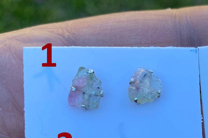 Raw Watermelon Tourmaline Sterling Silver Stud Earrings, Elegant, Dainty, Stylish Natural Stone, Rough Gemstone Earring, Raw Tourmaline Stud