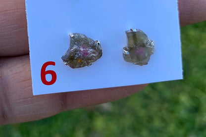 Raw Watermelon Tourmaline Sterling Silver Stud Earrings, Elegant, Dainty, Stylish Natural Stone, Rough Gemstone Earring, Raw Tourmaline Stud