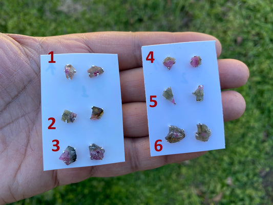 Raw Watermelon Tourmaline Sterling Silver Stud Earrings, Elegant, Dainty, Stylish Natural Stone, Rough Gemstone Earring, Raw Tourmaline Stud