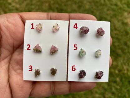 Raw Watermelon Tourmaline Studs Earring, Sterling Silver Studs, Rough Gemstone Earrings, Raw Tourmaline Stud Earrings, Natural Stone Jewelry