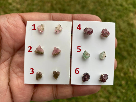 Raw Watermelon Tourmaline Studs Earring, Sterling Silver Studs, Rough Gemstone Earrings, Raw Tourmaline Stud Earrings, Natural Stone Jewelry
