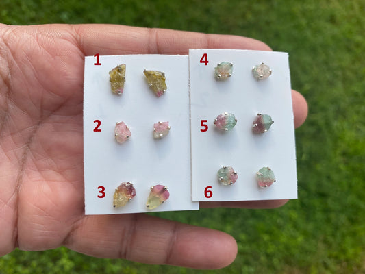 Raw Watermelon Tourmaline Studs Earring, Sterling Silver Studs, Rough Gemstone Earrings, Raw Tourmaline Stud Earrings, Natural Stone Jewelry