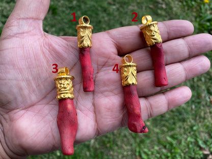 Red Dyed Branch Coral Pendant, Matte Gold Overlay, Tibetan Ethnic Bohemian, Tribal Jewelry Making, Craft Supplies, Summer Fashion Pendant