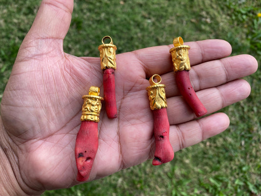 Red Dyed Branch Coral Pendant, Matte Gold Overlay, Tibetan Ethnic Bohemian, Tribal Jewelry Making, Craft Supplies, Summer Fashion Pendant