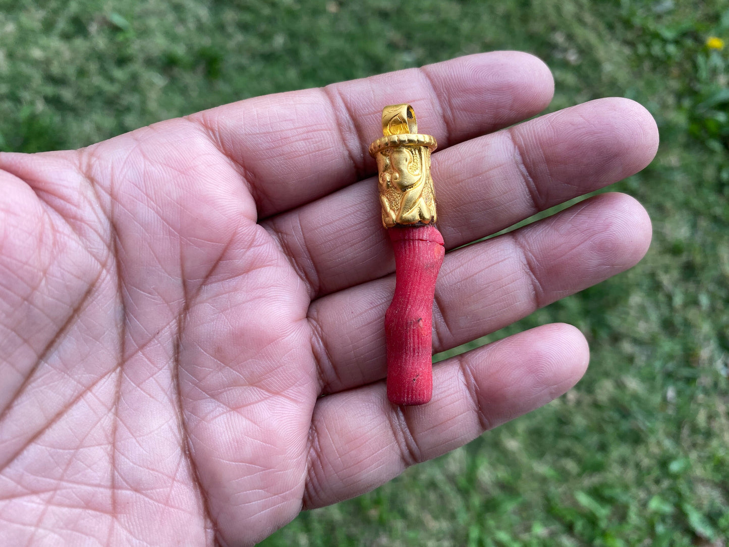 Red Dyed Branch Coral Pendant, Matte Gold Overlay, Tibetan Ethnic Bohemian, Tribal Jewelry Making, Craft Supplies, Summer Fashion Pendant