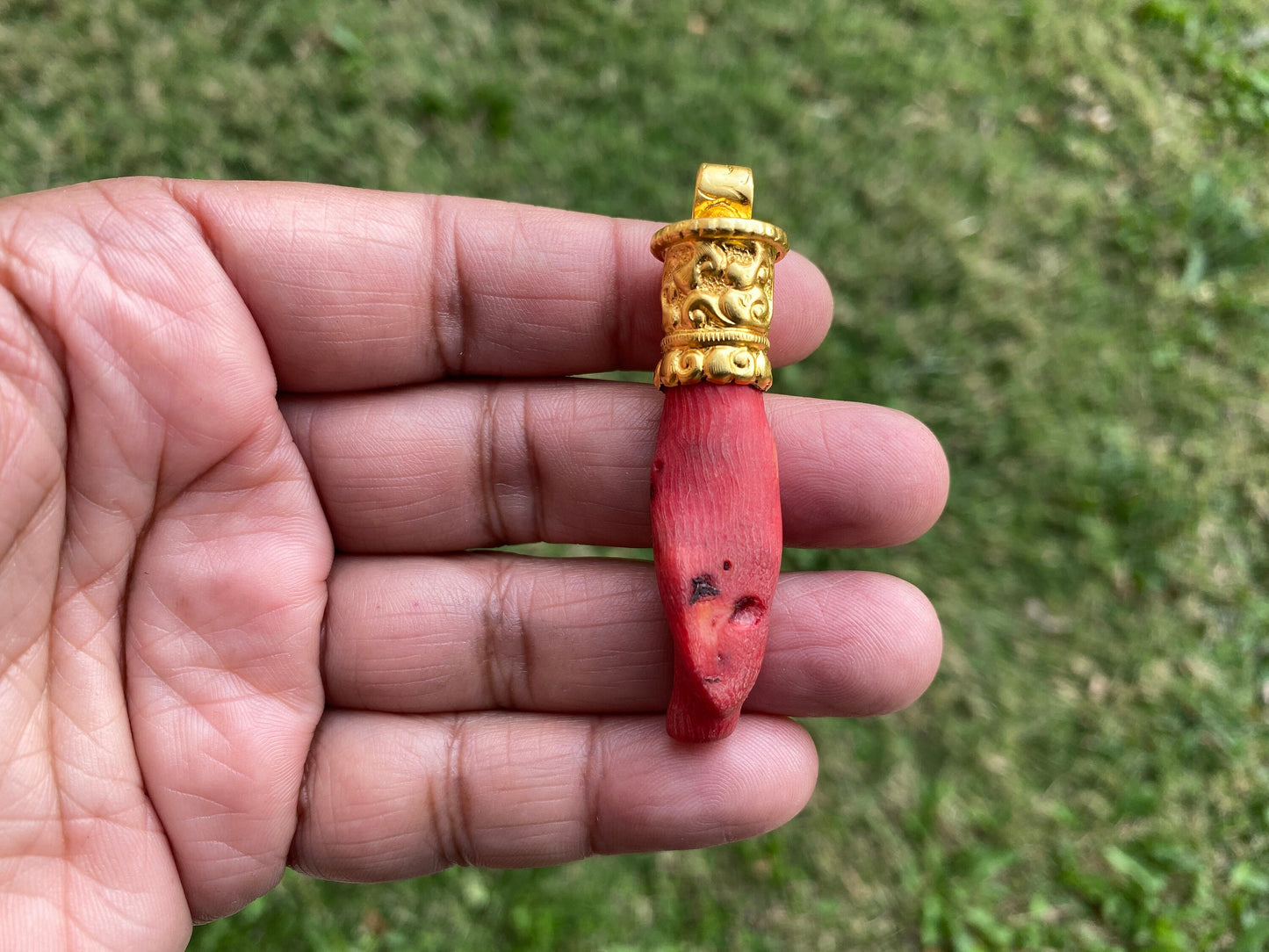 Red Dyed Branch Coral Pendant, Matte Gold Overlay, Tibetan Ethnic Bohemian, Tribal Jewelry Making, Craft Supplies, Summer Fashion Pendant