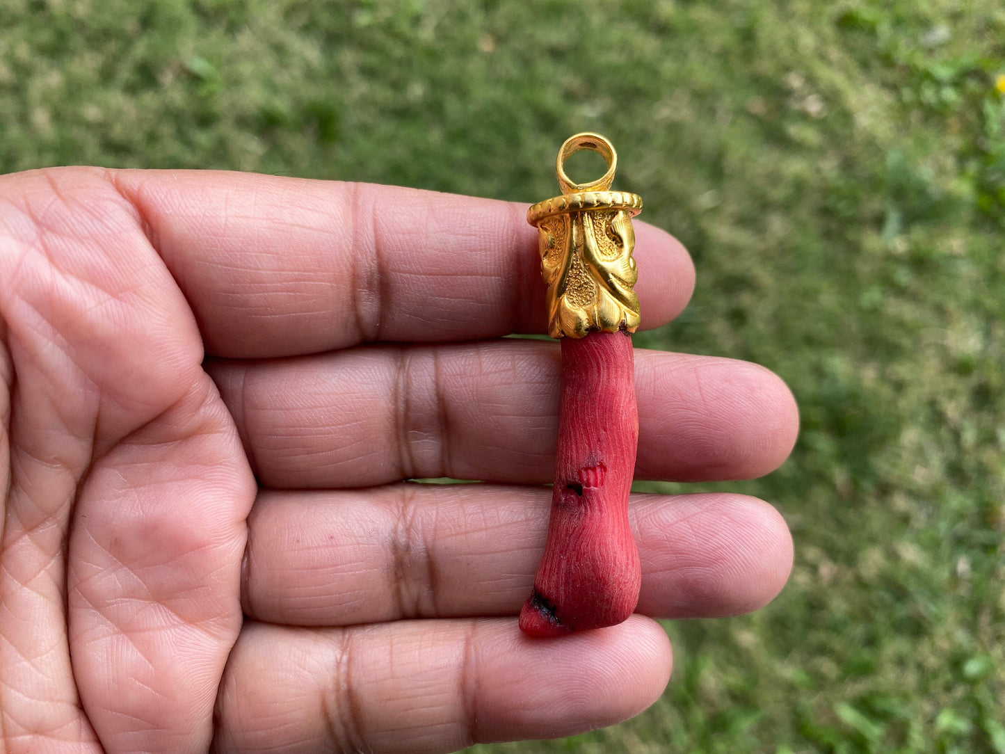 Red Dyed Branch Coral Pendant, Matte Gold Overlay, Tibetan Ethnic Bohemian, Tribal Jewelry Making, Craft Supplies, Summer Fashion Pendant