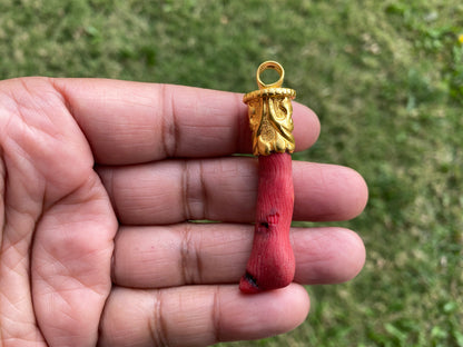Red Dyed Branch Coral Pendant, Matte Gold Overlay, Tibetan Ethnic Bohemian, Tribal Jewelry Making, Craft Supplies, Summer Fashion Pendant