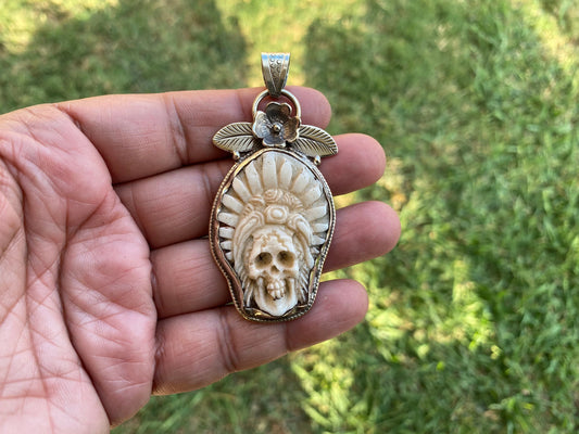 Red Indian Chief Skull Carved Bone Pendant, Tibetan Silver, Native American Design, Warrior Talisman, Indigenous Pride, Tribal Leader