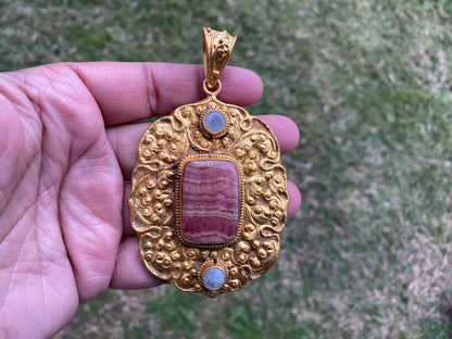 Rhodochrosite Natural Stone, Non Tarnish Brushed Gold Overlay, Elegant Jewelry, Luxury Pendant, Unique Stone Statement Piece, Jewelry Gift