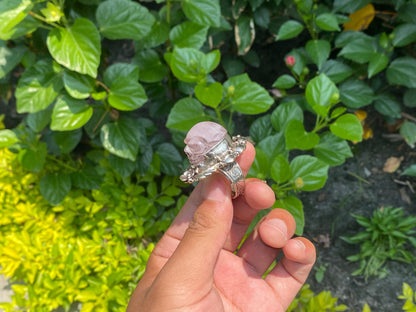 Rose Quartz Adjustable Ring, Skull Carved Unisex Ring, Antique Skull Ring, Tibetan Silver Ring, Natural gemstone ring, Aesthetic skull ring