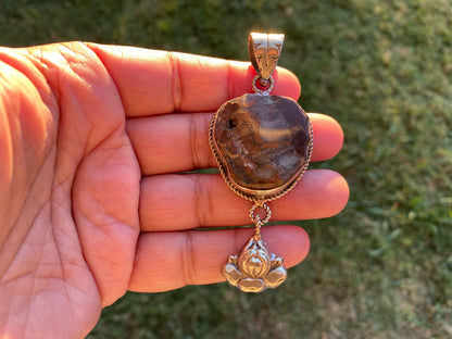 Rough Natural Green Chrysoprase Slab Tibetan Silver Pendant, Flower Designs, Heart Chakra Stone, Himalayan Jewelry, Natural Stone Jewelry