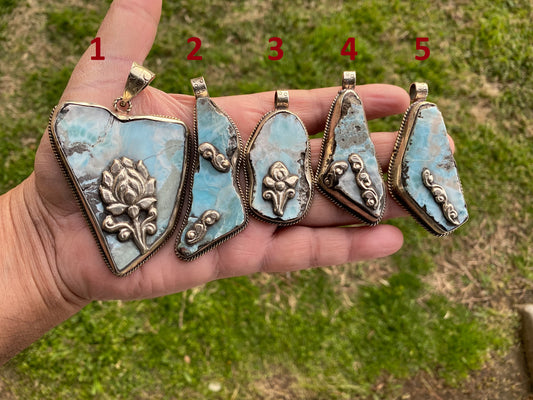 Rough Natural Larimar Slab Stone Tibetan Silver Pendant, Natural Gemstone, Raw Larimar Jewelry, Energy Stone, Birthstone, Natural Blue Stone